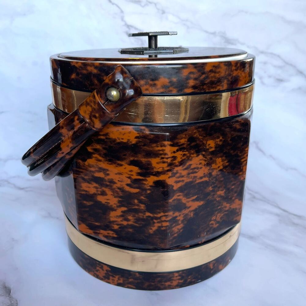 Vintage Faux Tortoiseshell Vinyl Ice Bucket w Tongs Gold Tone Retro Barware